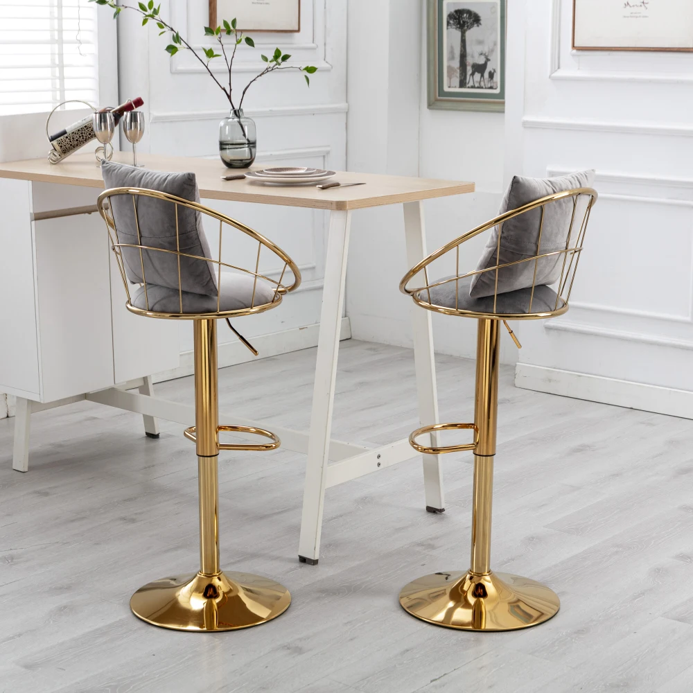 Grey velvet bar chair, pure gold plated, unique design,360 degree rotation, adjustable height,Suitable for dinning room