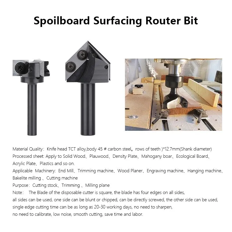 Milling Cutter V Slot Wood planer bit 90 Degrees 1/2 Shank Spoilboard Surfacing Router Bit with Carbide Insert,Wood Tools