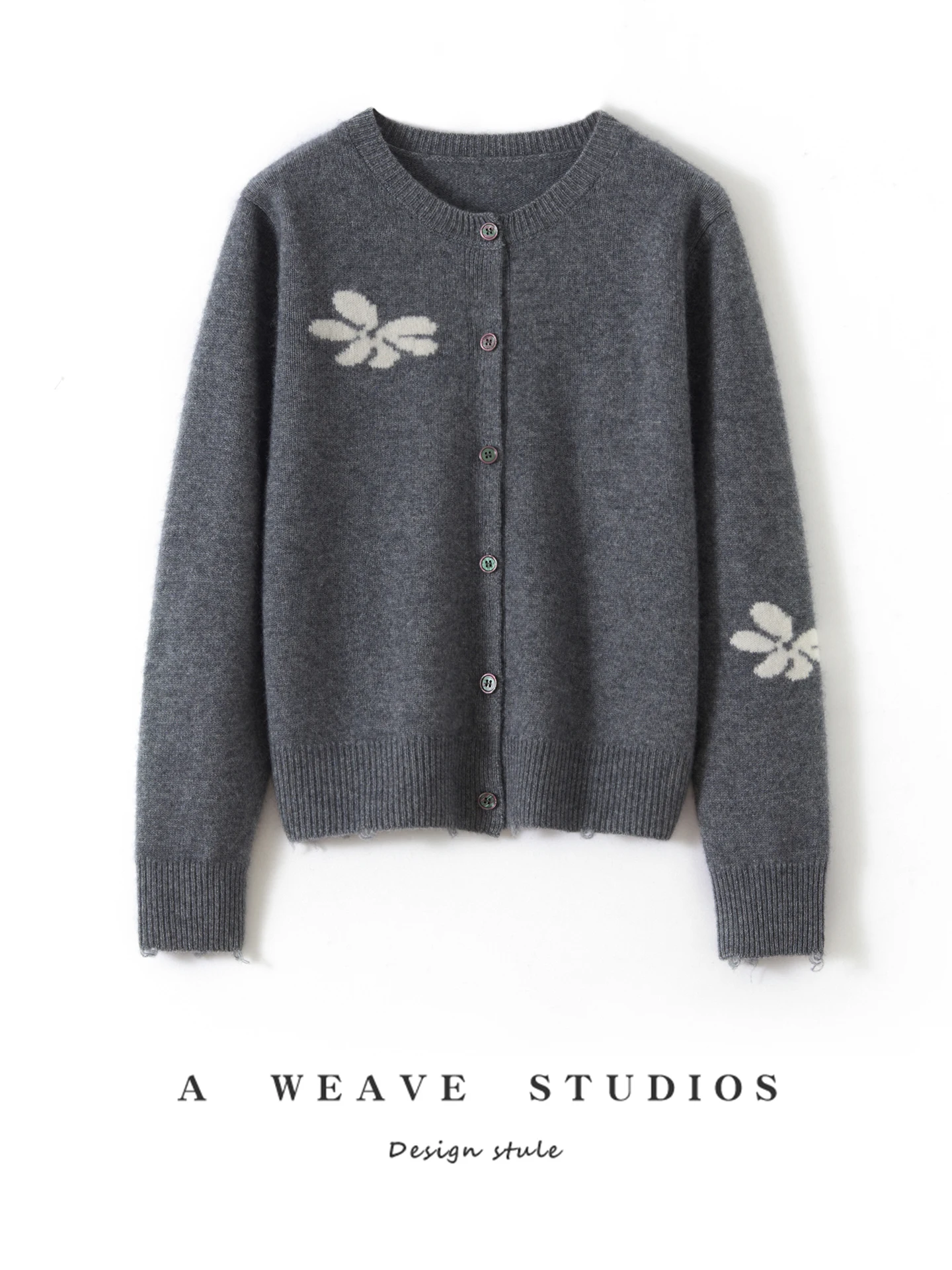 

Женский вязаный кардиган Ele с вышивкой цветов, круглым вырезом и рваными краями, универсальный, приталенный, с мелким цветочным узором