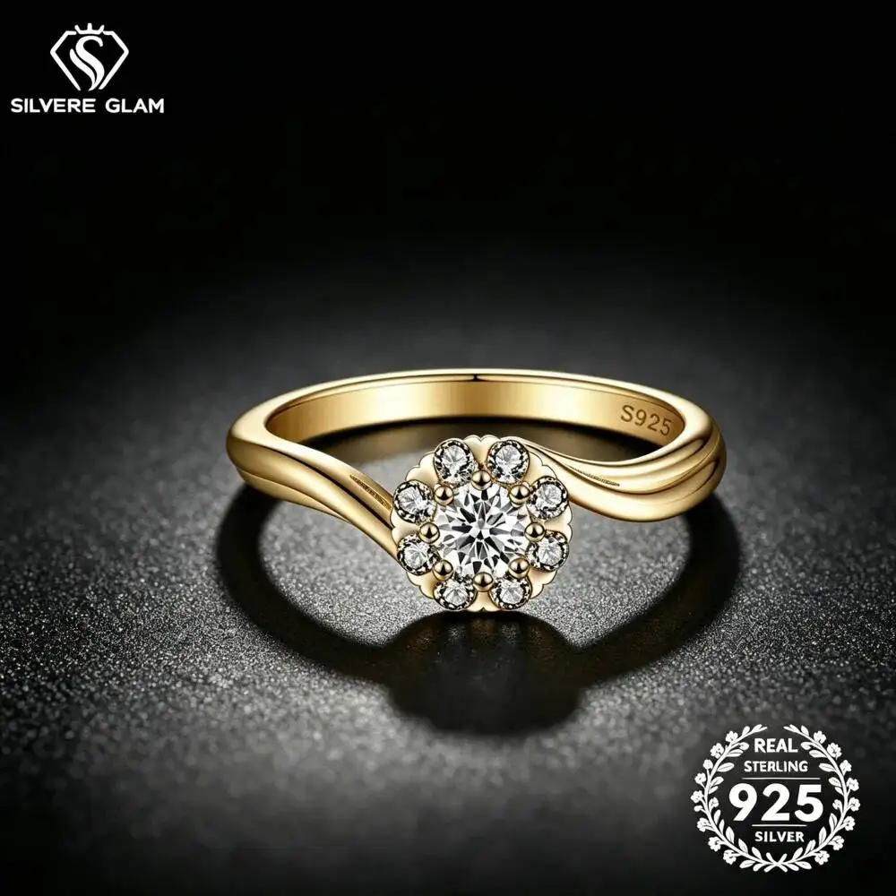 Twist Shank Halo Flower Cubic Zirconia Ring S925 Sterling Silver Elegant Promise Engagement Fine Jewelry For Women