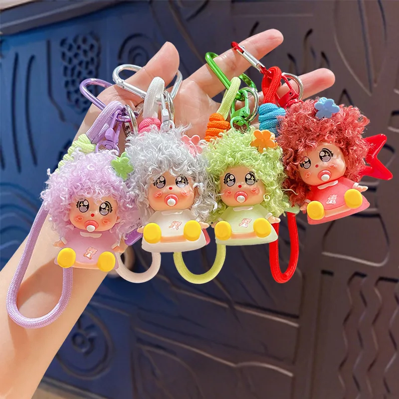 Trendy Cartoon Curly Hair Doll Keychain Pendant Colorful Sippy Cup Doll Keyring with Star Lanyard Bag Charm Keyfob Party Favors