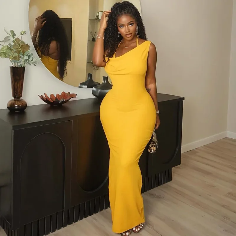 Elegant Sexy Bodycon Maxi Party Dress Women Solid Inclined Shoulder Lace Up Halter Backless Split Slim Evening Gown Long Robe