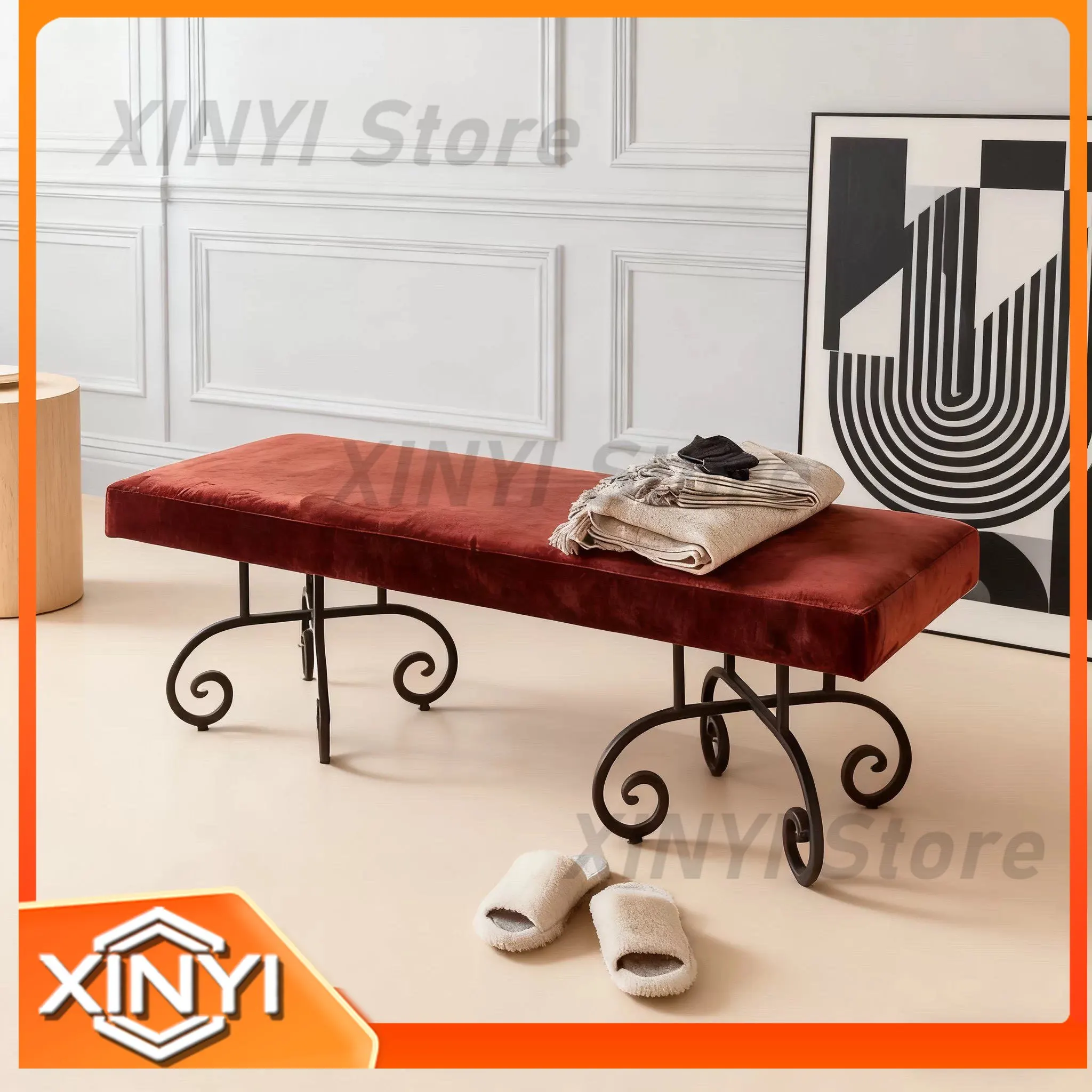 Retro Bed End Stool Ottoman for Living Room Sofas and Seating Bedroom Bedside Stool Iron Long Bar Stool Designer Shoe