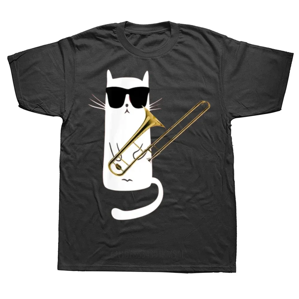 Camiseta en coton à manches courtes con chat portant des lunettes de soleil et jouant au trombone, streetwear gráfico, cadeaux