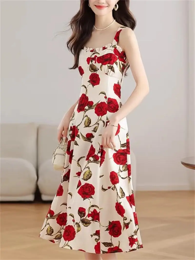 2025 New Women's Red Rose Floral French Strap Long Maxi Dress Summer Seaside Vacation Beach Boho Sundress G482