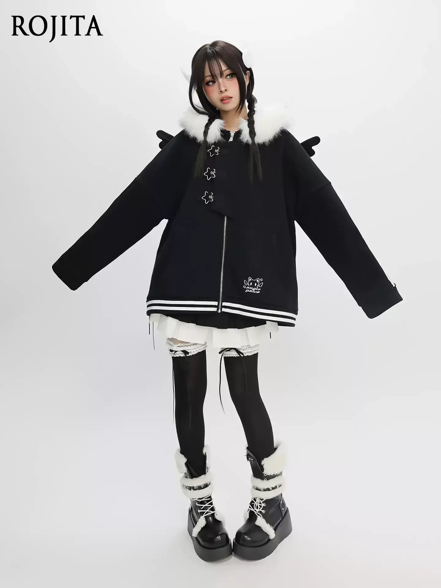 Women Y2K Zip Up Hoodie Jacket Faux Fur Collar 3D Angel Wing Decor Cross Buckle Oversized Gothic Coat