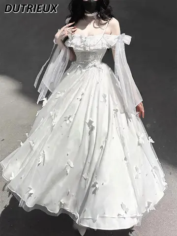 Elegant and Sweet Lady White Lolita Bow Off-shoulder Slimming Dress French Style White High Waist Princess Long Dresses
