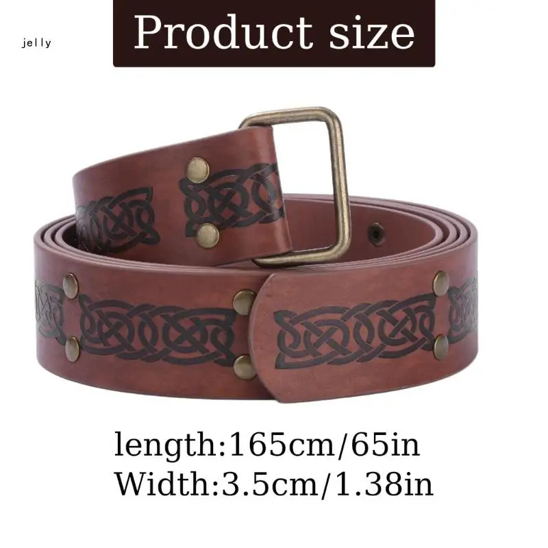 448C Knight Belt Vintage Embossed Buckles Belt Renaissances PU Leather Rings Belt