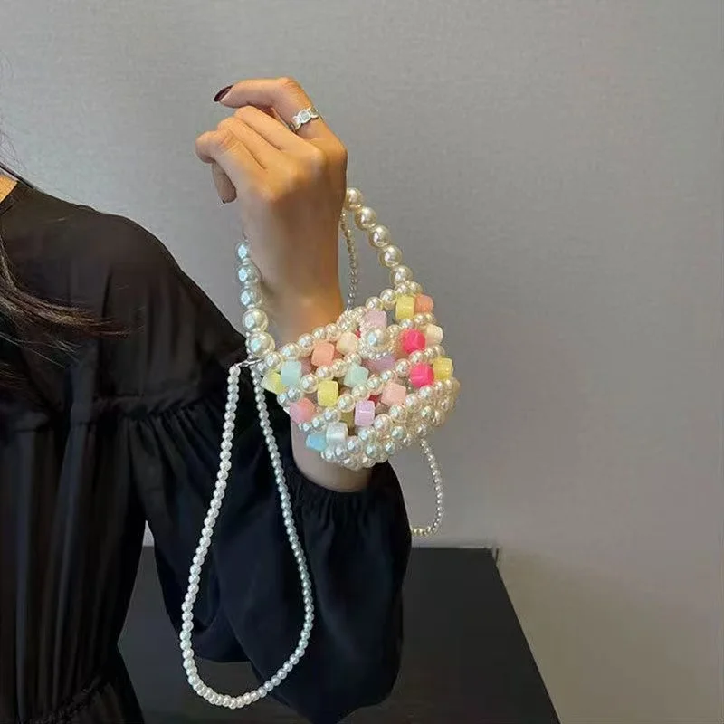 Handmade Pearl Mini Handbag Women's Crossbody Fashionable Candy Color Woven Bead Basket Handheld Basket from Mainland China
