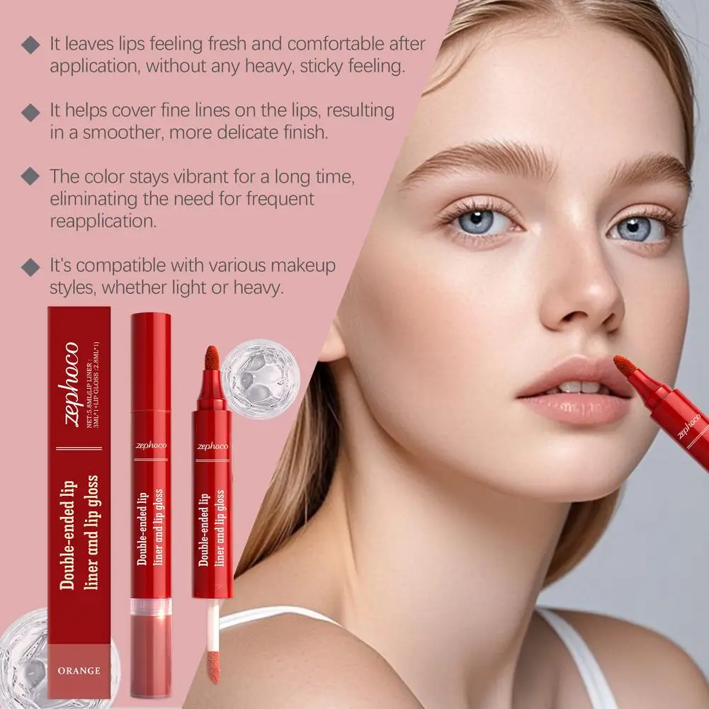 Lippotlood Vloeibare voering Dubbele kop 2in1 Waterdichte tint Naakte olie Mollige glans Spiegel Blijvende hydraterende professionele cosmetica
