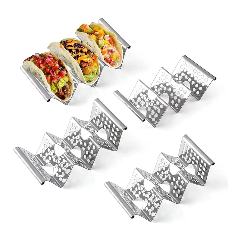 Dudukan Holder Taco, 4 Pak rak berdiri Stainless Steel dengan pegangan, nampan Taco menampung hingga 3 Tacos, dudukan rak Taco