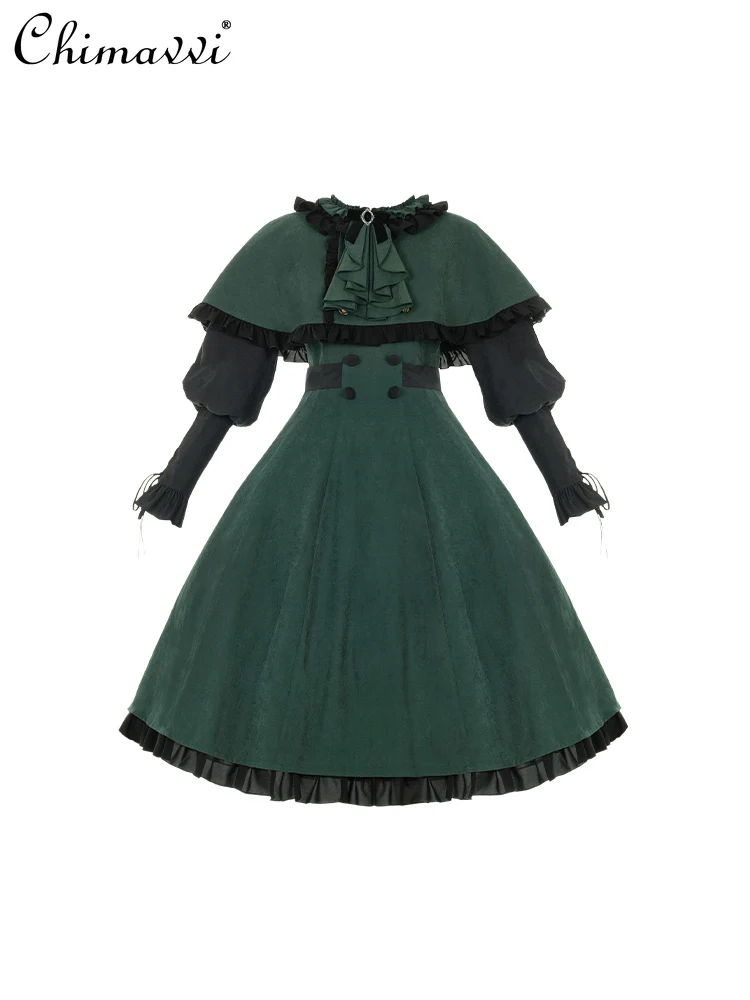 Original Design CLA Contrast Black and Green Long Sleeve Op Dress Cape Lolita Two-Piece Set Women\'s Suit Autumn and Winter