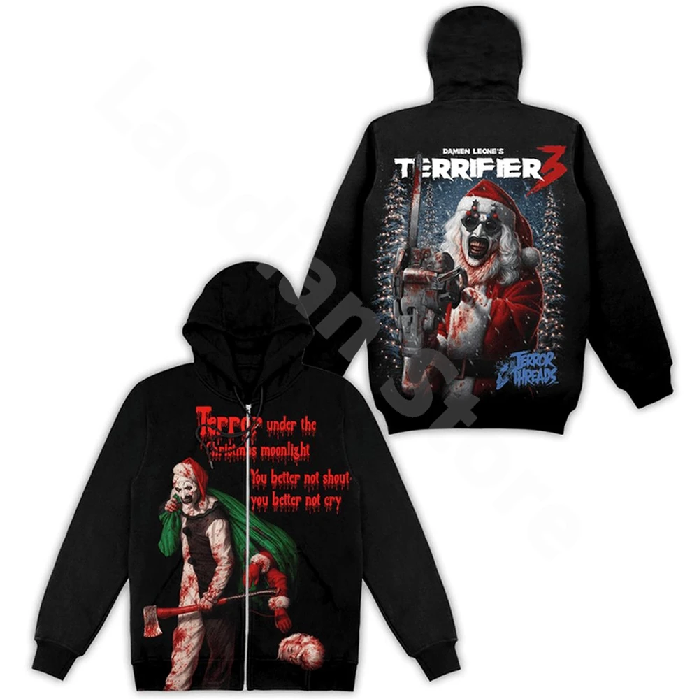 Terrifier 3 Terror Under The Christmas Moonlight Zip up Hoodie Fashion Zipper Sweatshirt Casual Zip Hooded Jacket Hip Hop Wear