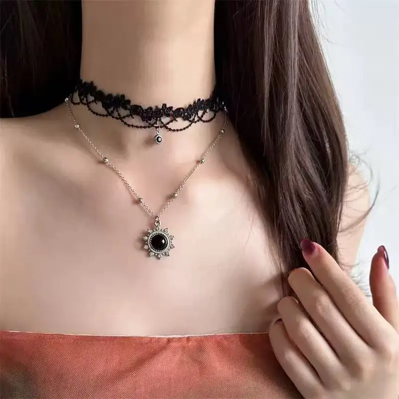 Goth Punk Black Wing Feather Star Sun Thorn Pendant Lace Chain Choker Necklace Women Men Y2K Personalized Jewelry Accessories
