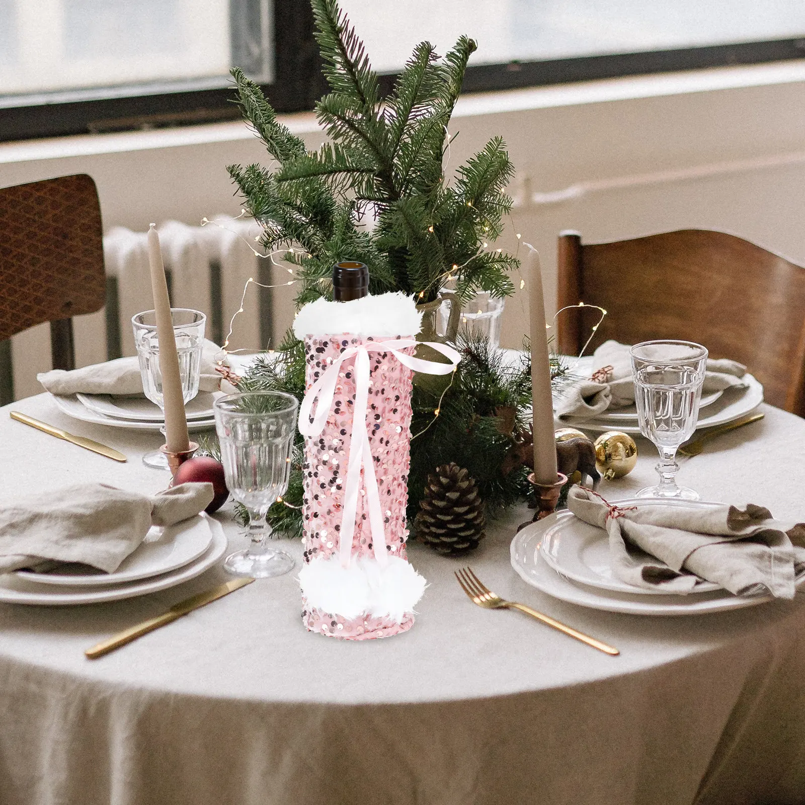1Pcs Festive Wine Bottle Cover Christmas Sequins Bottle Protector Decorative Table Decoration Christmas Sequins Cover