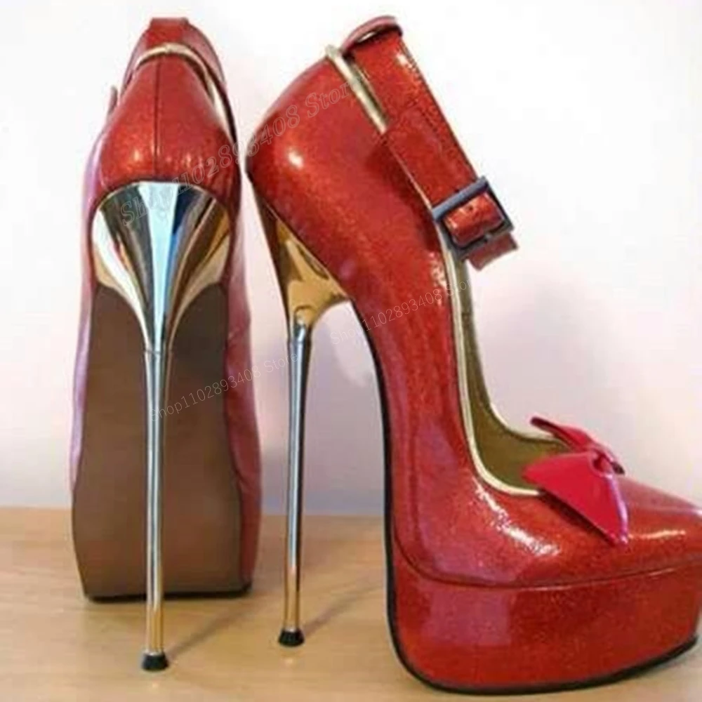 Sepatu wanita gesper pergelangan kaki hak tinggi Stiletto ujung lancip pompa dekorasi simpul kupu-kupu Platform merah sepatu wanita 2023 seksi Zapatos Para mujue