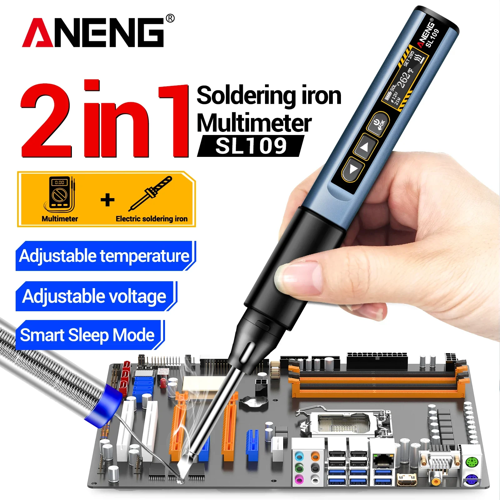 ANENG SL109 Soldering Iron 75W 100‑450℃ Type‑C PD QC Fast Charge OLED Reverse Display Built‑in Multimeter Repair Welding Tool