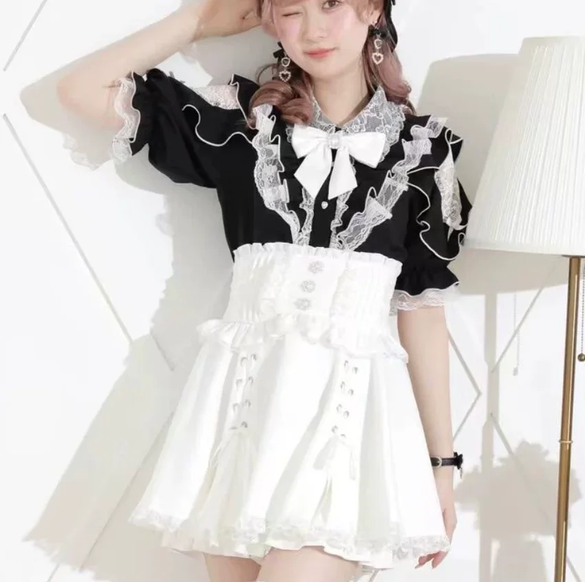 Lolita Sweet Japanese Ruffles Bow Off Shoulder Lace Short Sleeve Shirt Cute Girl Versatile Age Reducing Peter Pan Collar Shirts