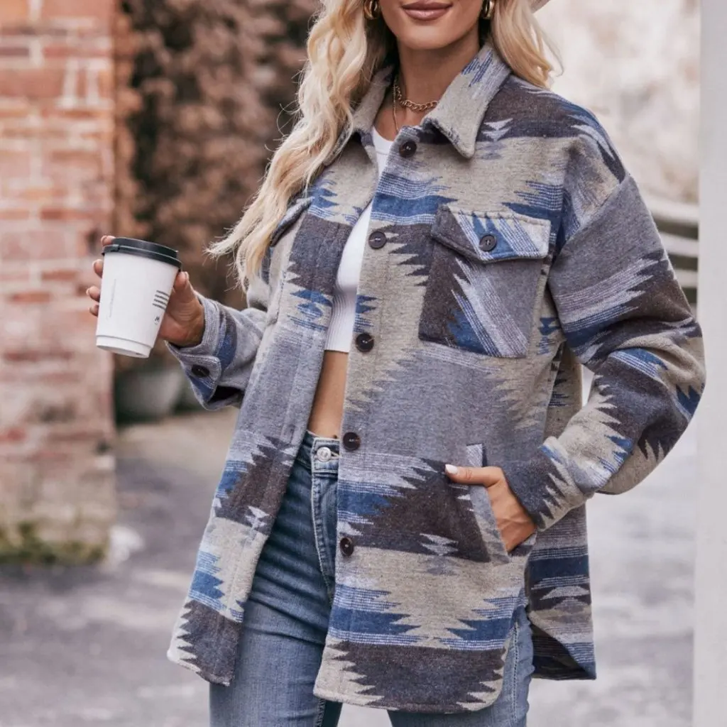 

Women's Geometric Pattern Woolen Coat Fashion Lapel Shirt Jacket Popular Female Wholesale