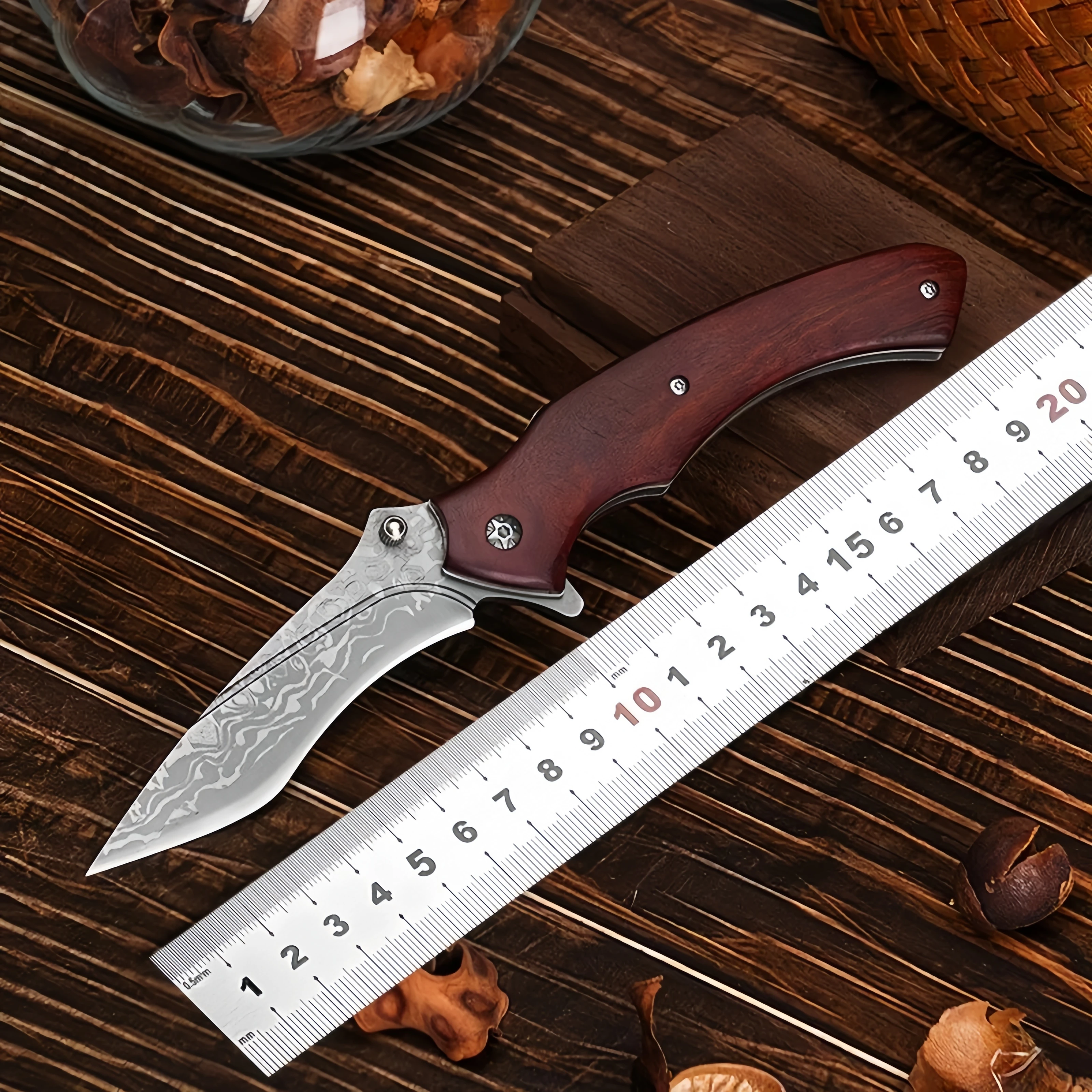 Damascus Pattern Folding Knife with Wooden Handle High Hardness Outdoor Survival Knife Self-defense Knife and Fruit Knife