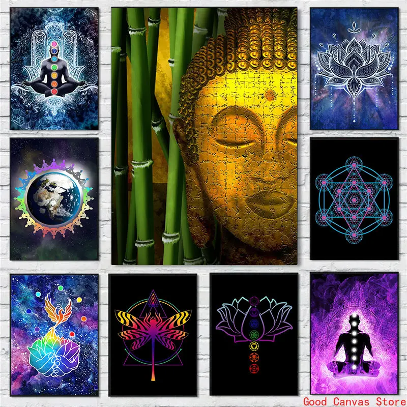 Indian Buddha Statue Meditation Chakra Posters Mandala Canvas Painting Psychedelic Yoga Aesthetic Wall Art For Room Home Decor