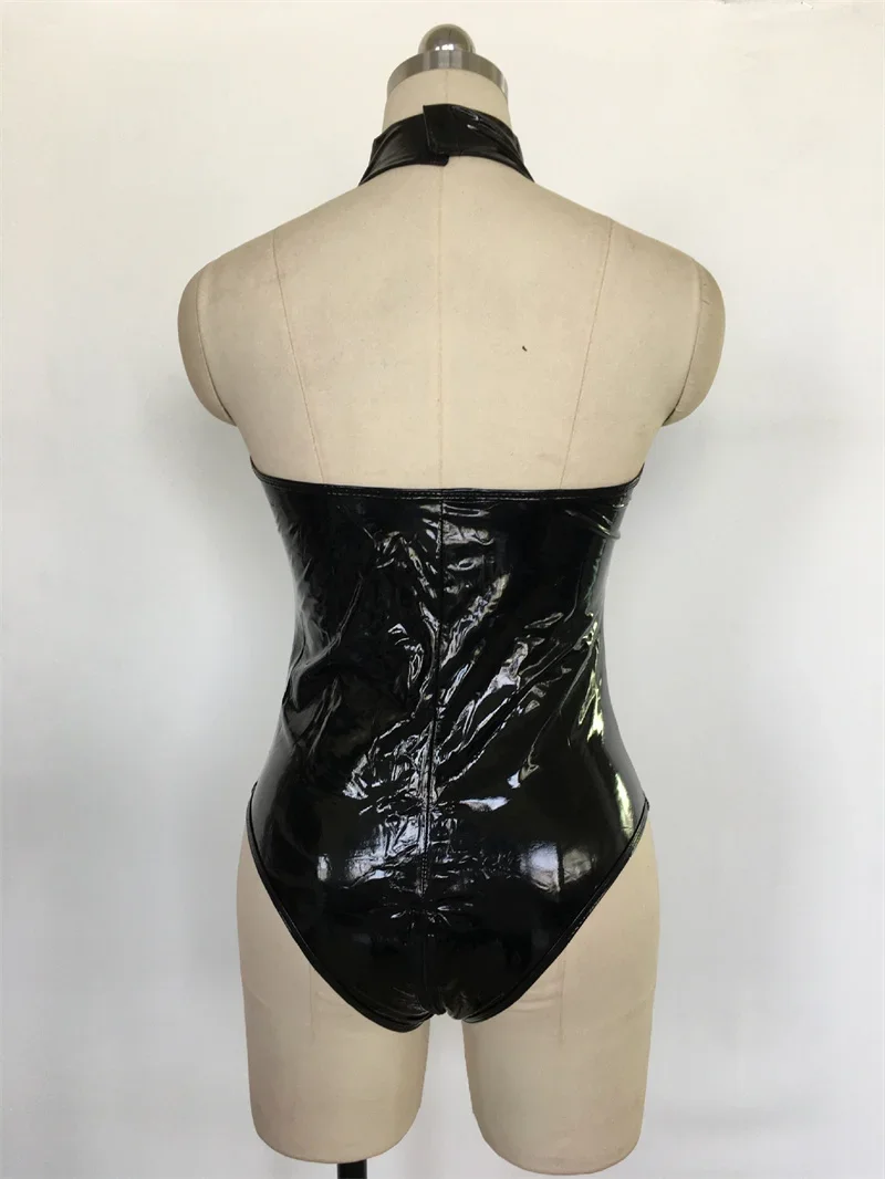 Sexy Backless Cadeia Trim Bodysuit das mulheres, See-through Mesh Splicing, macacão de couro envernizado, desgaste erótico, feminino Biker Suit