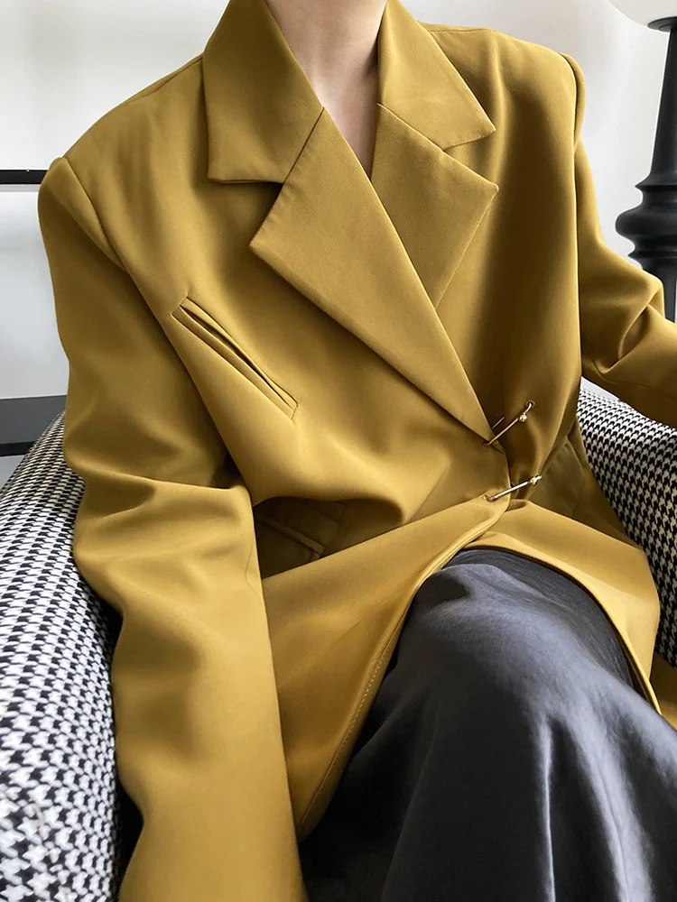 [Modx] feminino amarelo bege em forma de tamanho grande blazer nova lapela manga longa solto ajuste jaqueta moda primavera outono 2024