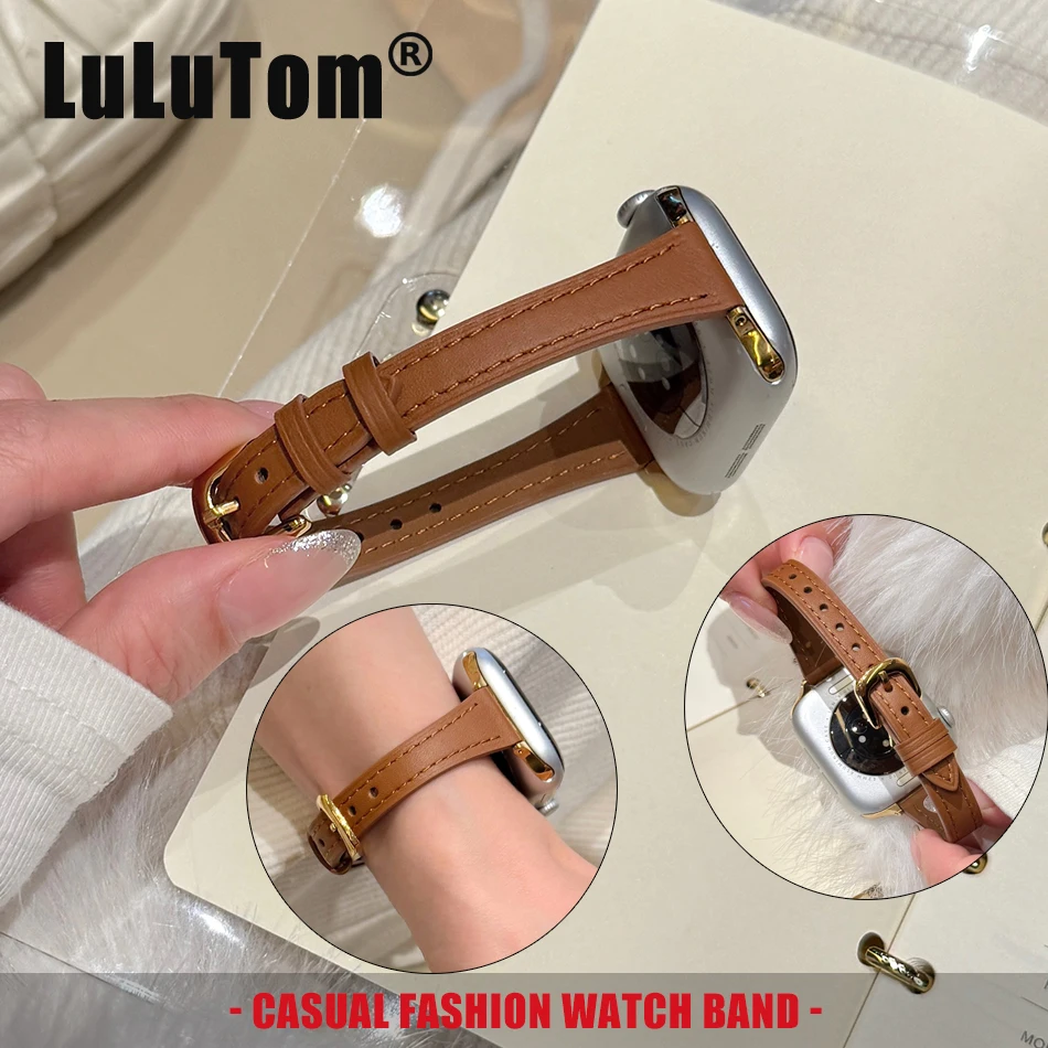 

Однотонный ремешок из натуральной кожи для Apple Watch Series 11, 10, 9, 8, 7, 6, SE, Ultra, iWatch 49/46/45/44/42/41/40/38, тонкий ремешок