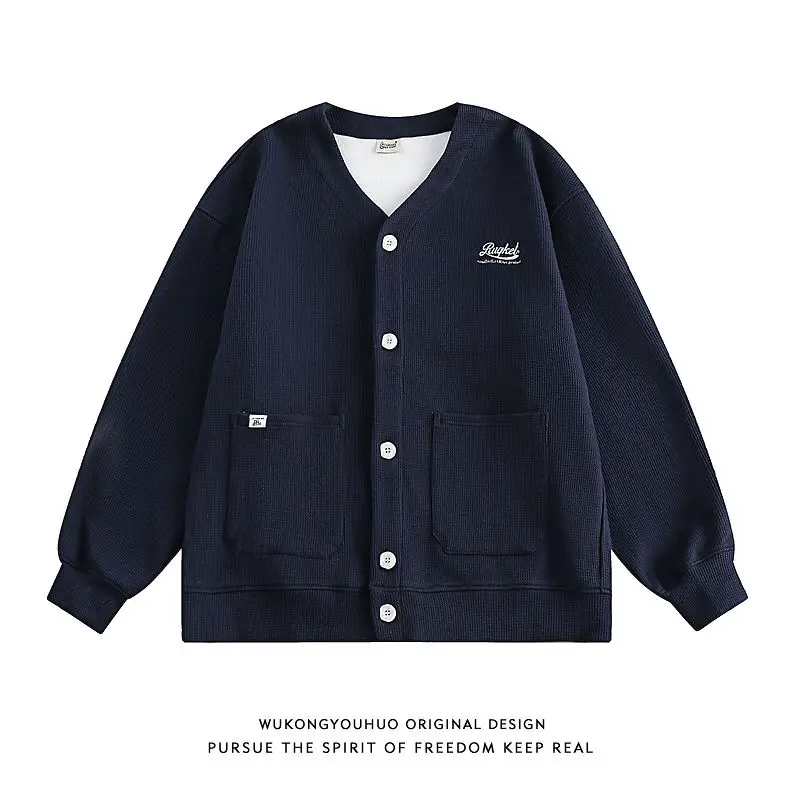 Autumn New Vintage Waffle Embroidered V-neck Cardigan Sweatshirt Men's Trendy Brand Street Loose Couple Versatile Jacket