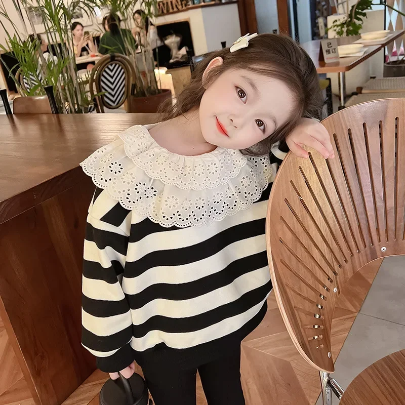 Girls' Autumn Sweater  New Children's Wear Girl Baby Children's Autumn/Winter Plush Autumn Stripe Top Kids Clothes Girls