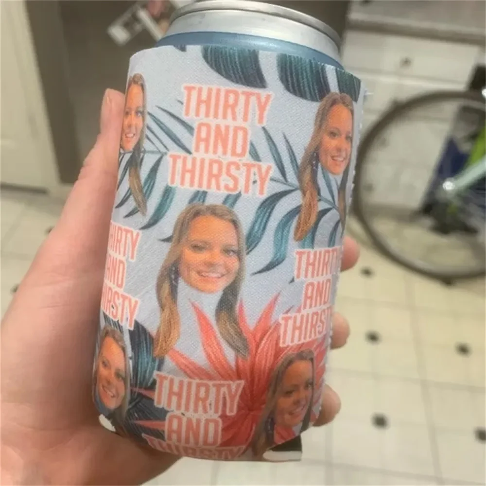 Thirty and Thirsty Can cooler, custom picture can cooler, funny birthday favors, 30th Birthday Favors, Custom birthday favors,