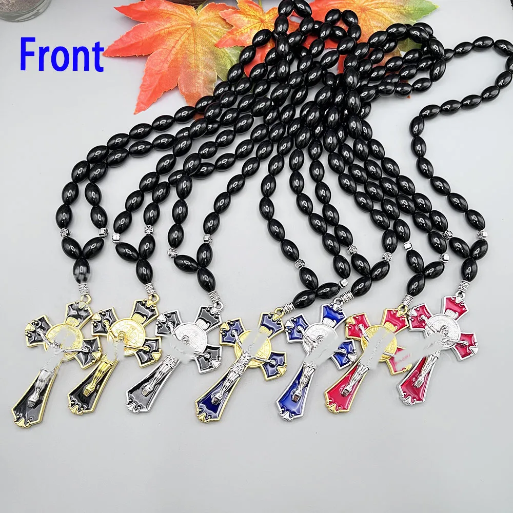 GS195 Car Rearview Mirror Pendant Exquisite Alloy Christ Jesus Transparent Drip Oil Cross Black Acrylic Bead Rosary Decoration