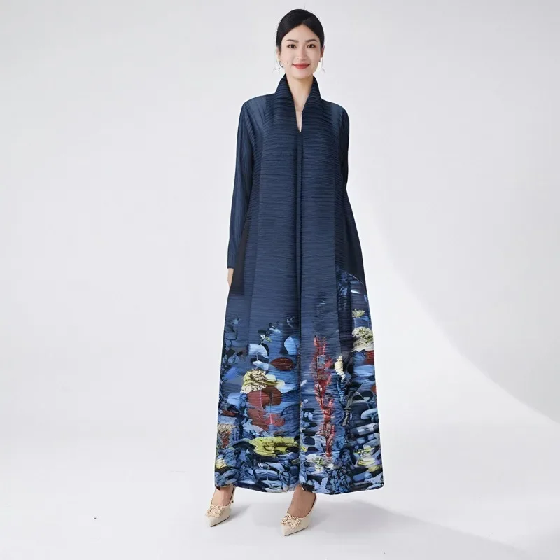 Miyake Women's Long Coat Ethnic Gradient Printed Luxury Robe Fashion Design Long Sleeve Folded Neck Tie Muslim Abaya