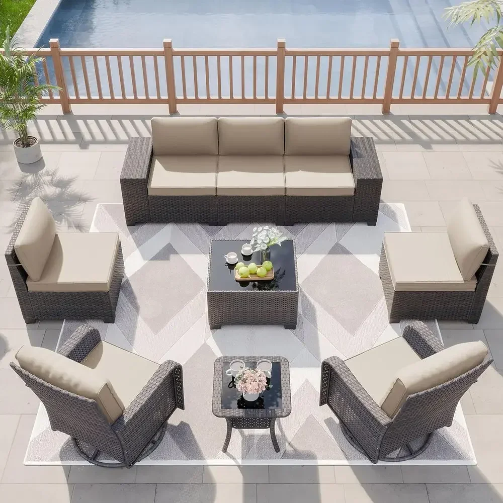 

9-Piece Outdoor Patio Furniture Set with Rattan Wicker Sofa, Swivel Rocking Chairs, and 4-Inch Cushions in Sand Color