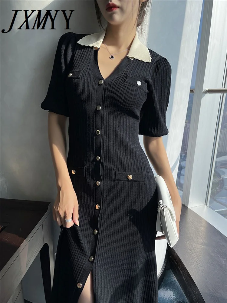 Women's Knitted Single Breasted Short Sleeve Dress, Slim-Fit Long Skirt, Elegant Temperament, Fashion, Summer, New, 2024