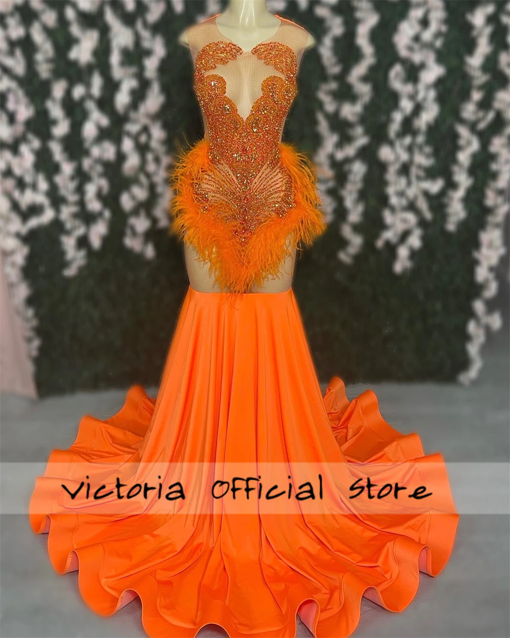 Warm Orange Crystal Beading Prom Dresses Feathers 2025 Birthday Luxury Dress Mermaid Black Girls African Evening Gown Customized