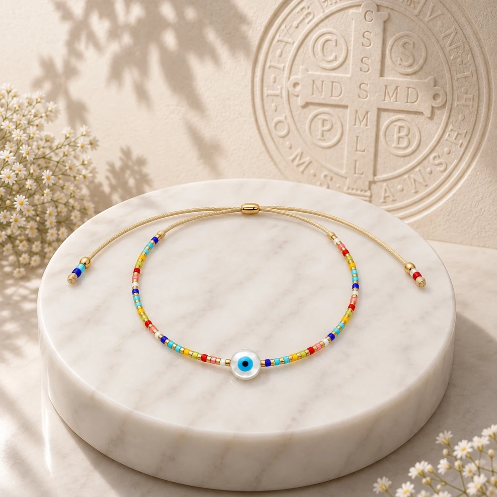 1pc Adjustable 11 Inch Multicolor Glass Beaded Bracelet with Blue Eye Round Bead Trendy Unisex Strand Lace-Up Chain