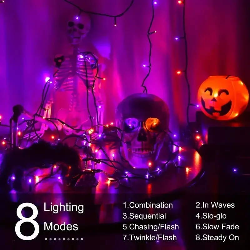 39 Fuß 100 LED Lila und Orange, grüne Halloween-Lichterkette, Halloween-Lichterkette, 8 Modi, wasserdichte Außenlichter zur Dekoration