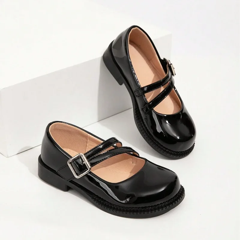 Girls Leather Shoes Fashion Retro Sweet Versatile Solid Color Double Strip Buckle Mary Jane Performance Princess Kids Loafers