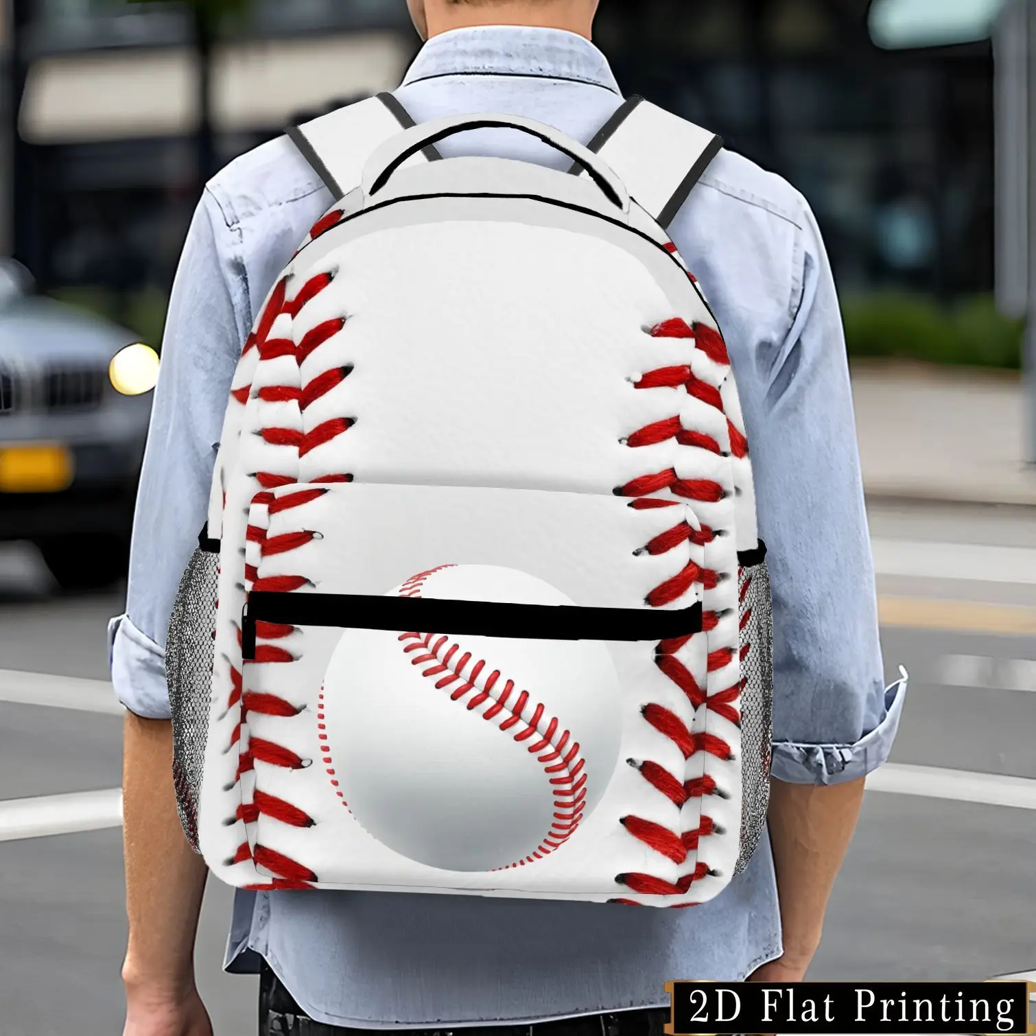 Casual Baseball Pattern Printed Backpack Adjustable Shoulder Straps Multifunctional Backpack 2D Flat Print