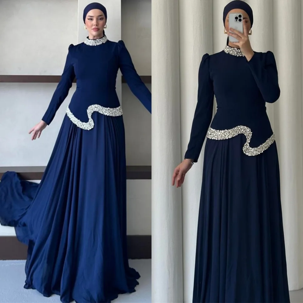 

Customized Elegant Blue Jersey Evening Dress Exquisite High Neckline Long Sleeves Zipper Back Crystal Special Occasion Gowns