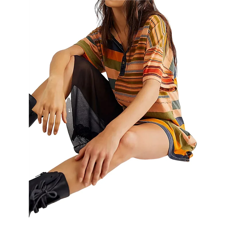 【SEE】Women Contrast Striped Babydoll Y2k Summer Patchwork T- Shirt Dress Vintage V Neck Short Sleeve Dress