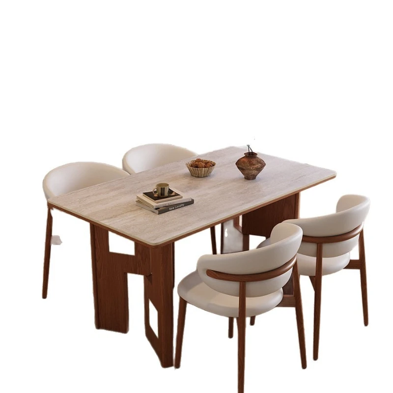 

Medieval rock slab dining table Modern simple small apartment living room household solid wood rectangular dining table