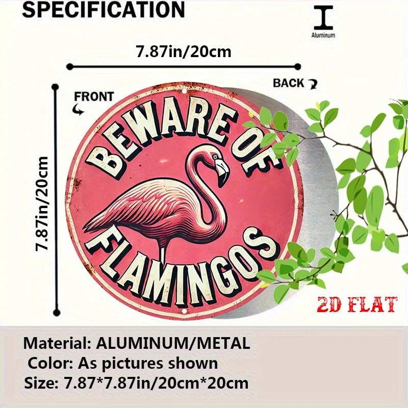 2D Flat, 2D Flat 1pc Pink Bird Round Aluminum Sign, Beware Round Wall Decor Flamingos Rustic Metal Wall Art, Tropical Design M