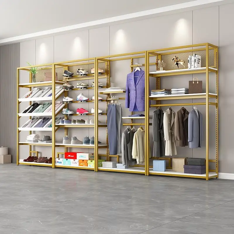 

Custom. Clothing Display Stand Double Layer Clothes Rack Men's Women's Clothing Store Iron Hang Clothes Combination Shelf Golden