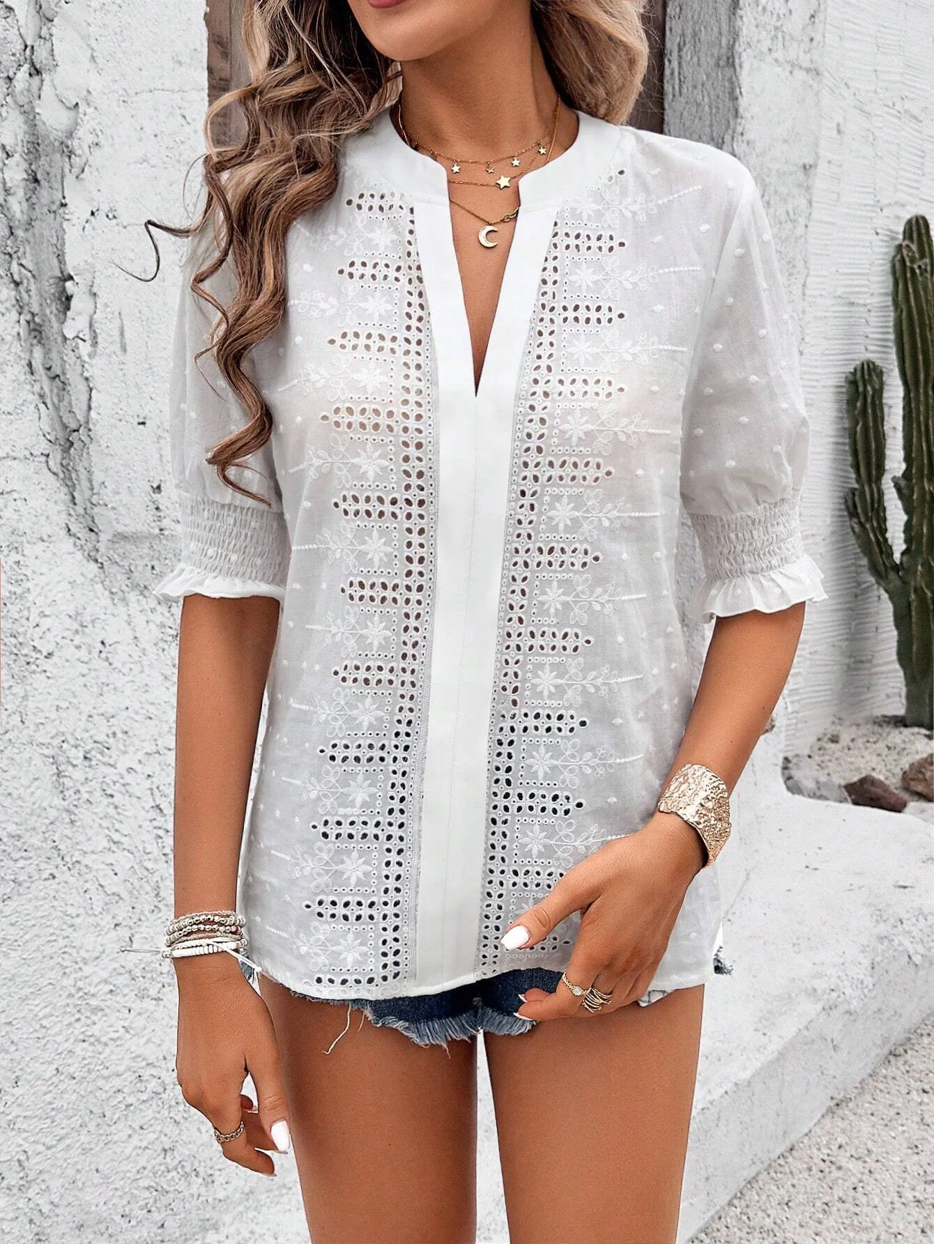 Women V Neck Puff Sleeve Hollow Out Embroidery Loose Casual Blouse Top