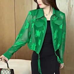 Chaqueta de manga larga de Color sólido para mujer, cárdigan con botones bordados de estilo fino de calle, Tops que combinan con todo con cordón, verano