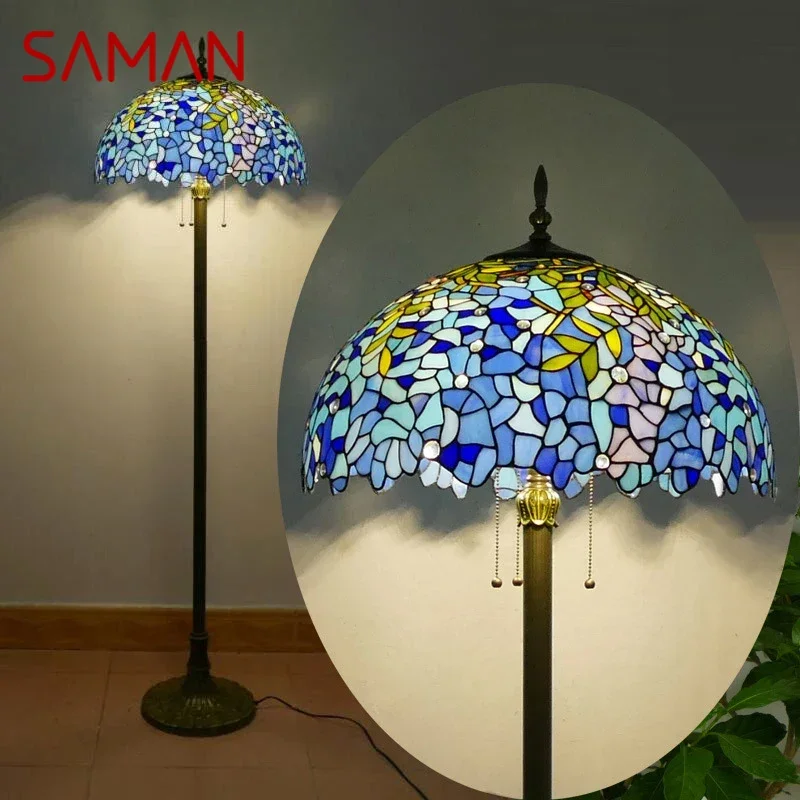 

SAMAN Tiffany Floor Lamp American Retro Living Room Bedroom Lamp Country Stained Glass Floor Lamp