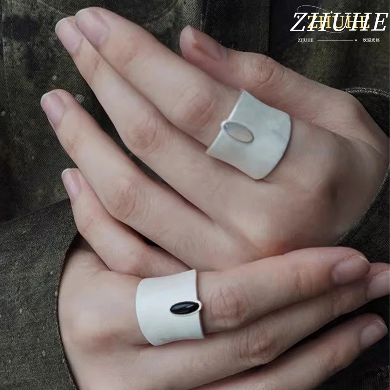 

Vintage Copper Material Cuff Rings - Unisex Jewelry Accessories for Women & Men, Matte White Wide Band with Stone Insert, Statem