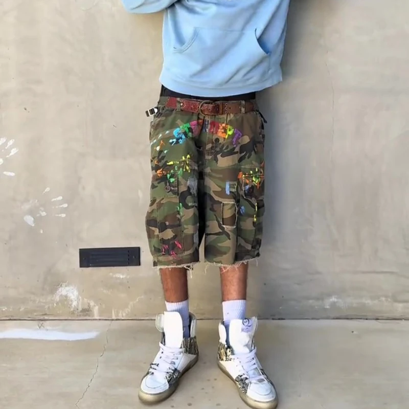 Y2K Graffiti Cargo Shorts Retro Camo Paint Pattern Cargo Shorts Summer American Hip Hop Casual Streetwear Men Women Baggy Shorts